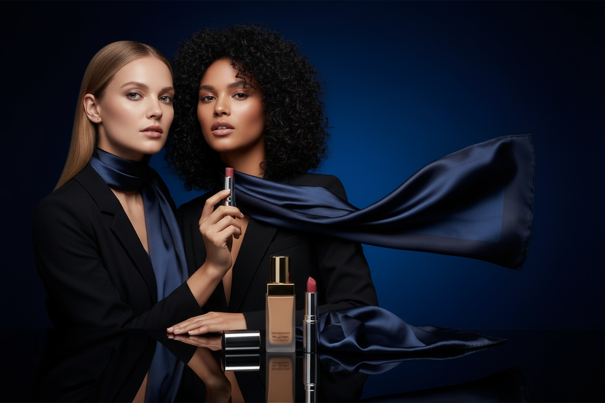 some products with women with black and blue mix background color